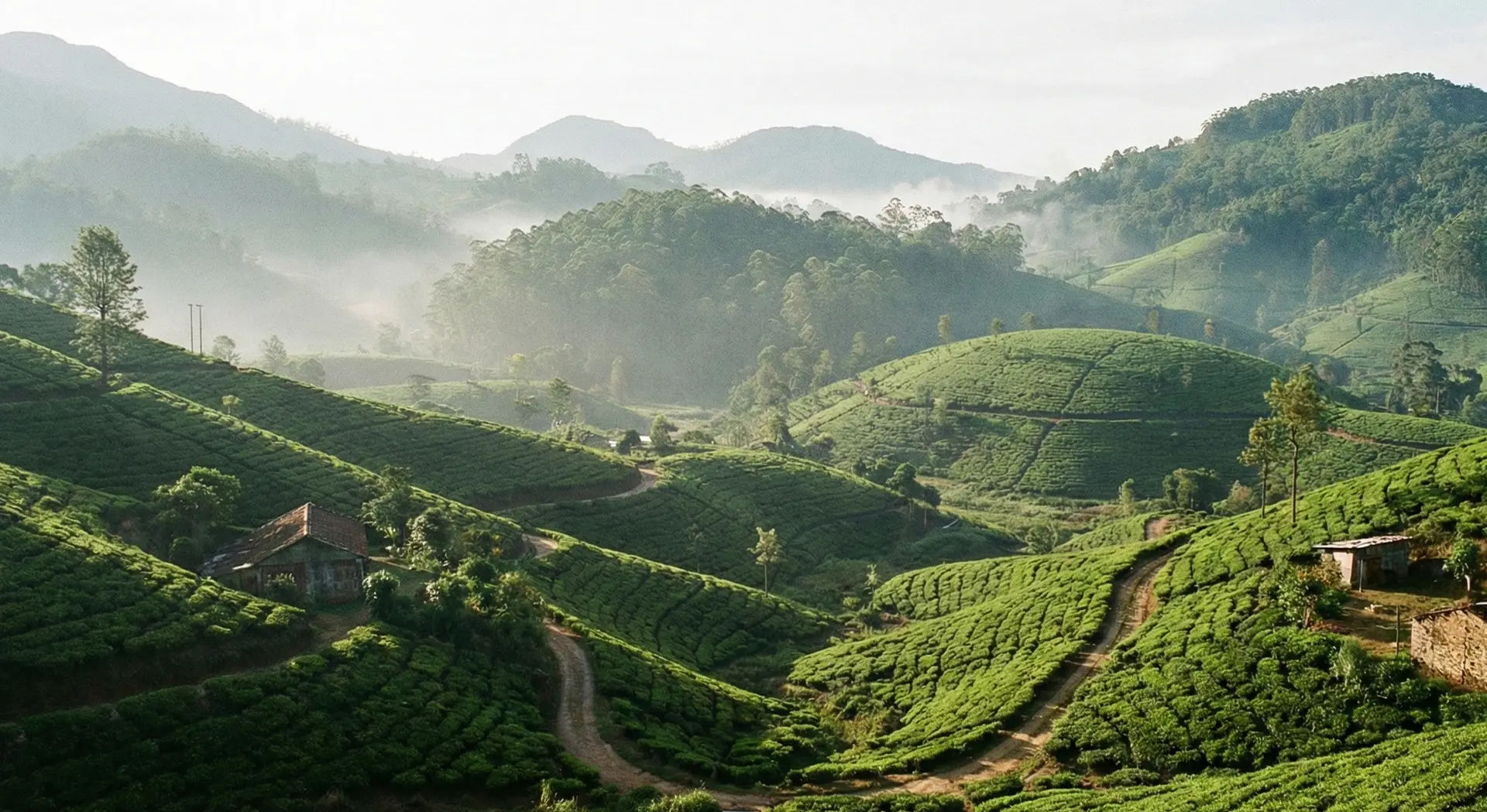 Vibrant green tea plantation terraces rolling across the hills in Sri Lanka's upcountry