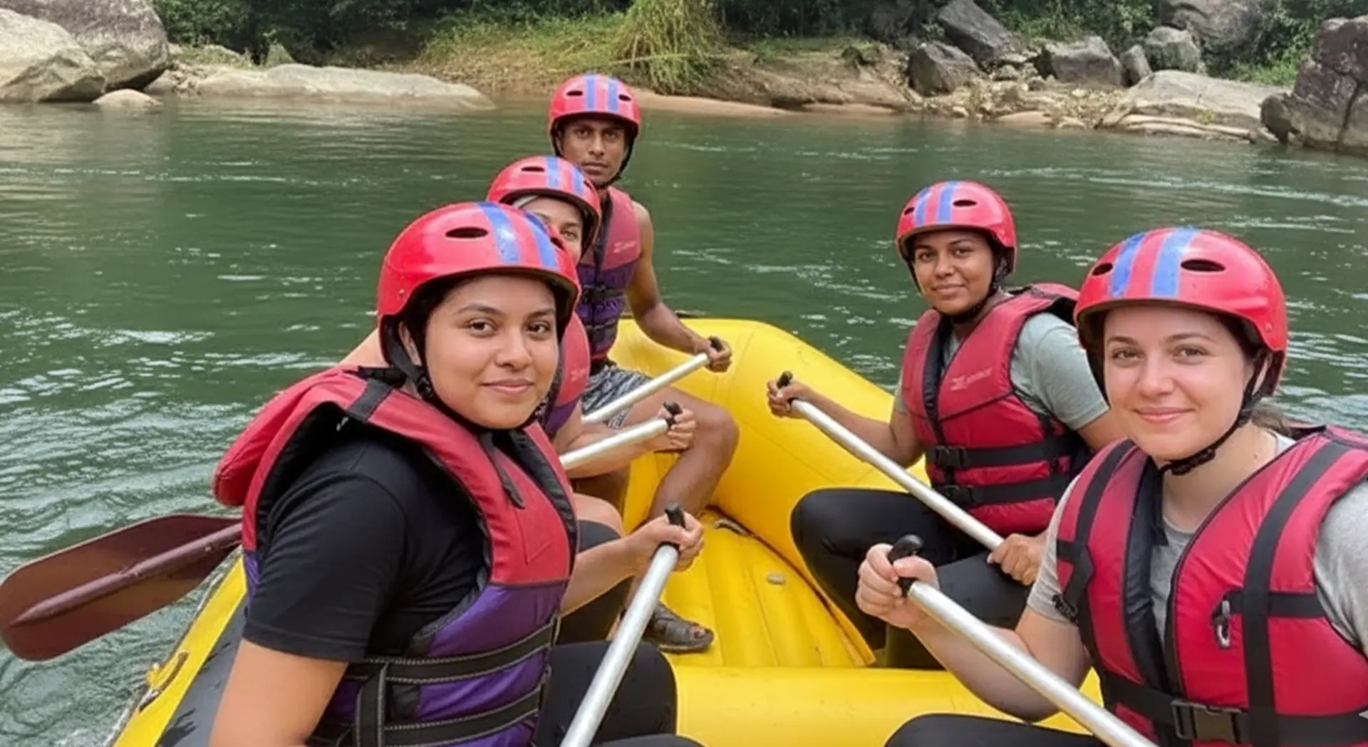 Group of smiling tourists wearing life jackets and helmets holding paddles in a raft on the Kelani River in Kitulgala Sri Lanka.